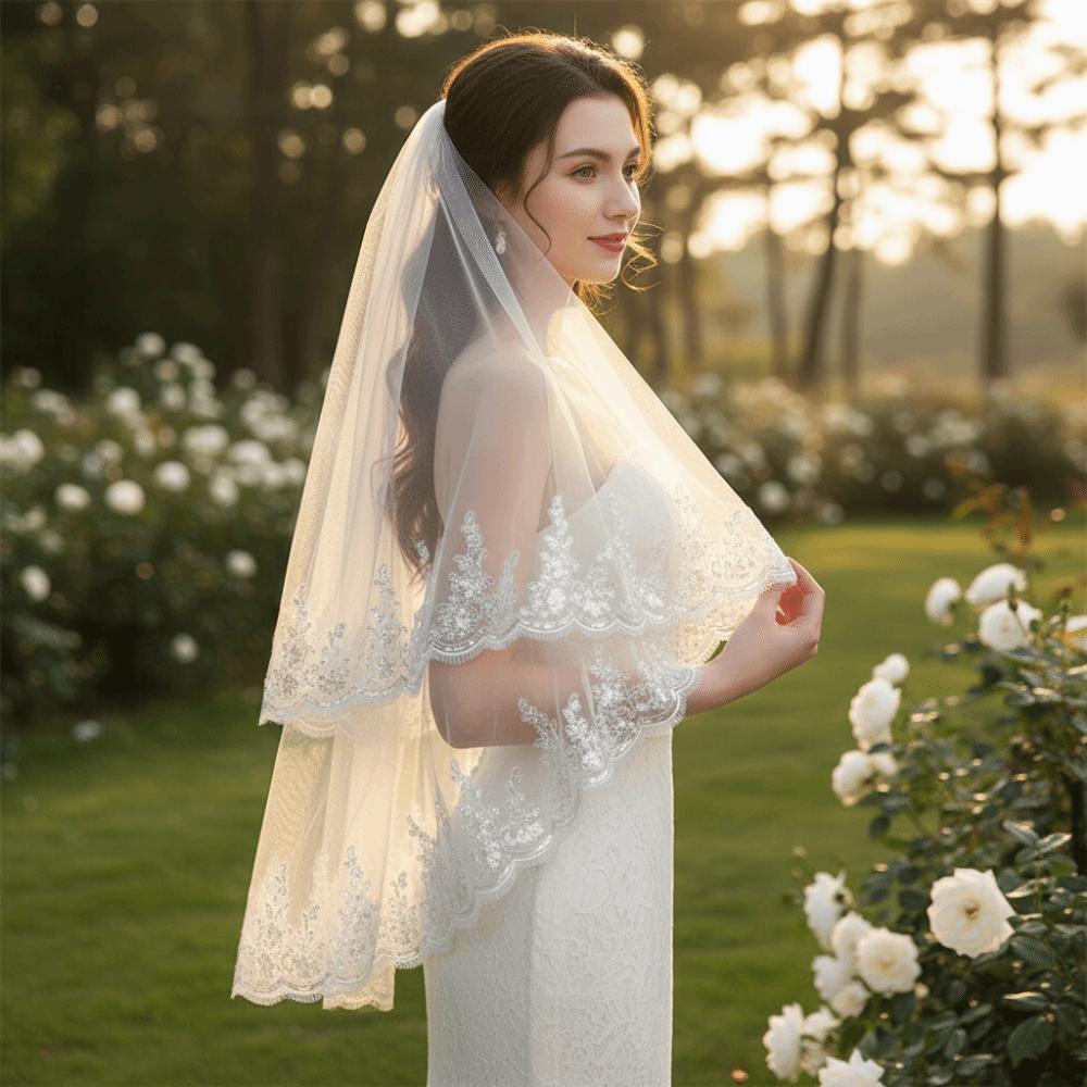 Lace Edge Bride Wedding Veils Luxury Mesh Veil Double Layers Bridal Veil  Wedding Day