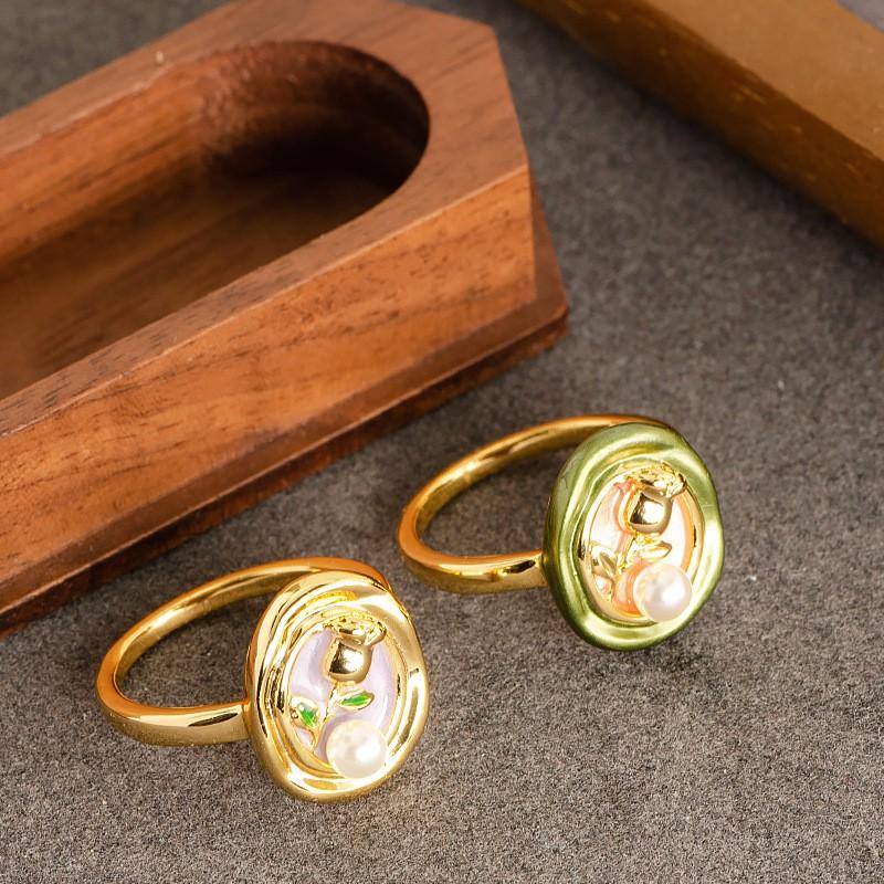 Adjustable Open Ring With Pearl Floral Motif Vintage Oil Painting Style Copper Jewelry Men Women