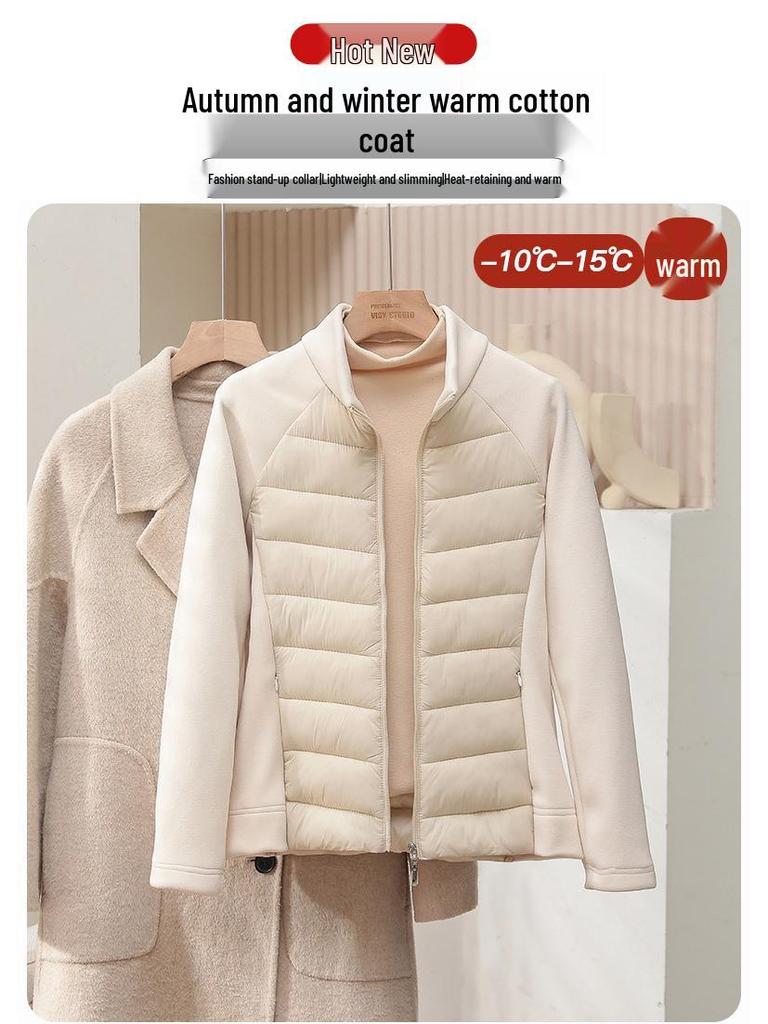 Women's Sporty Spliced Cotton Jacket - Warm Stand-Up Collar, Slim Rib, Lightweight Winter Outdoor Coat for Yoga