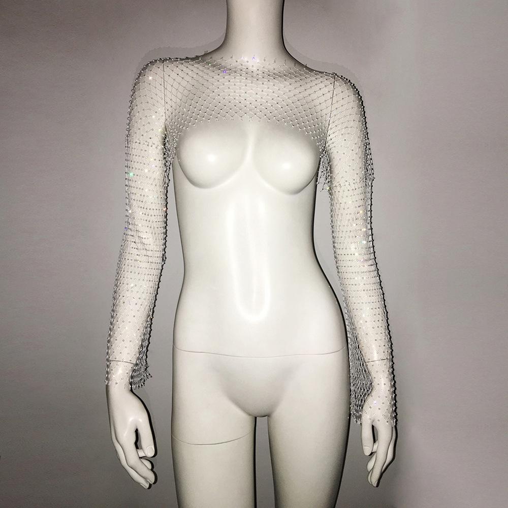 Europäisches & Amerikanisches High-End Mesh Strass Damen Langarmtop