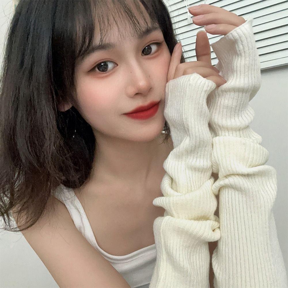 1 Pair Women Long Fingerless Gloves Winter Soft Knitted Warm Arm Sleeve Punk Gothic Fashion Casual Soft Mitten