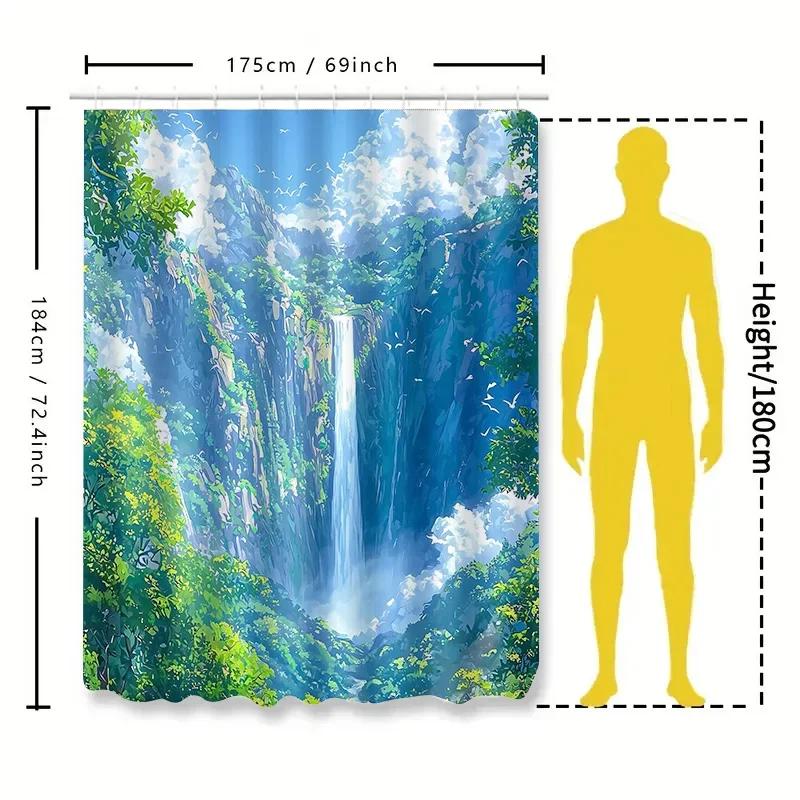 Vibrant Waterfall Shower Curtain for a Refreshing Bathroom, Featuring a Stunning Landscape with Lush Greenery and a Majestic