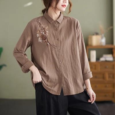 Vår Konst Retro Stor Storlek Skjorta för Kvinnor Långärmad Lös Casual Broderad Cardigan Topp