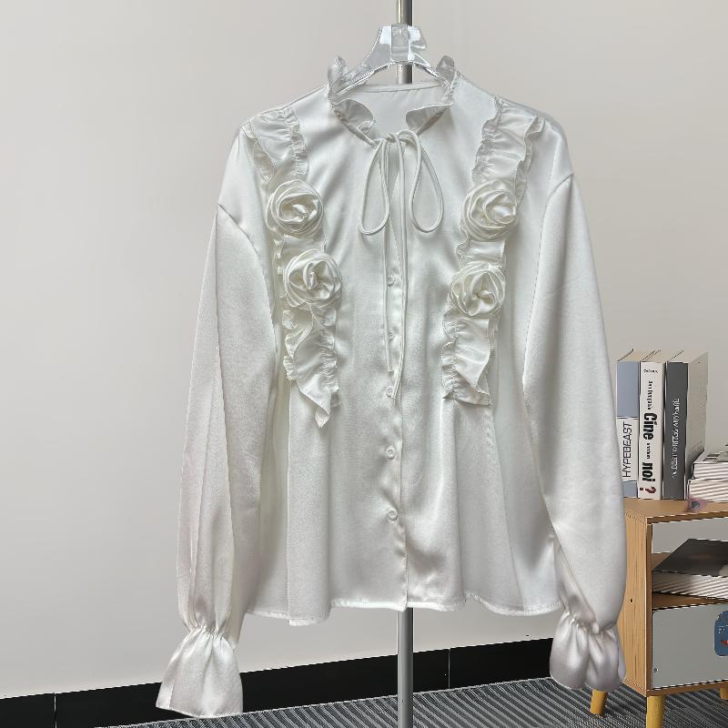 Fashion New Long Sleeve Loose Casual Shirt Women Elegant Solid Single Breasted Flowers Blouse Women Top Vintage Polo Collar Office Ladies Shirts 25807