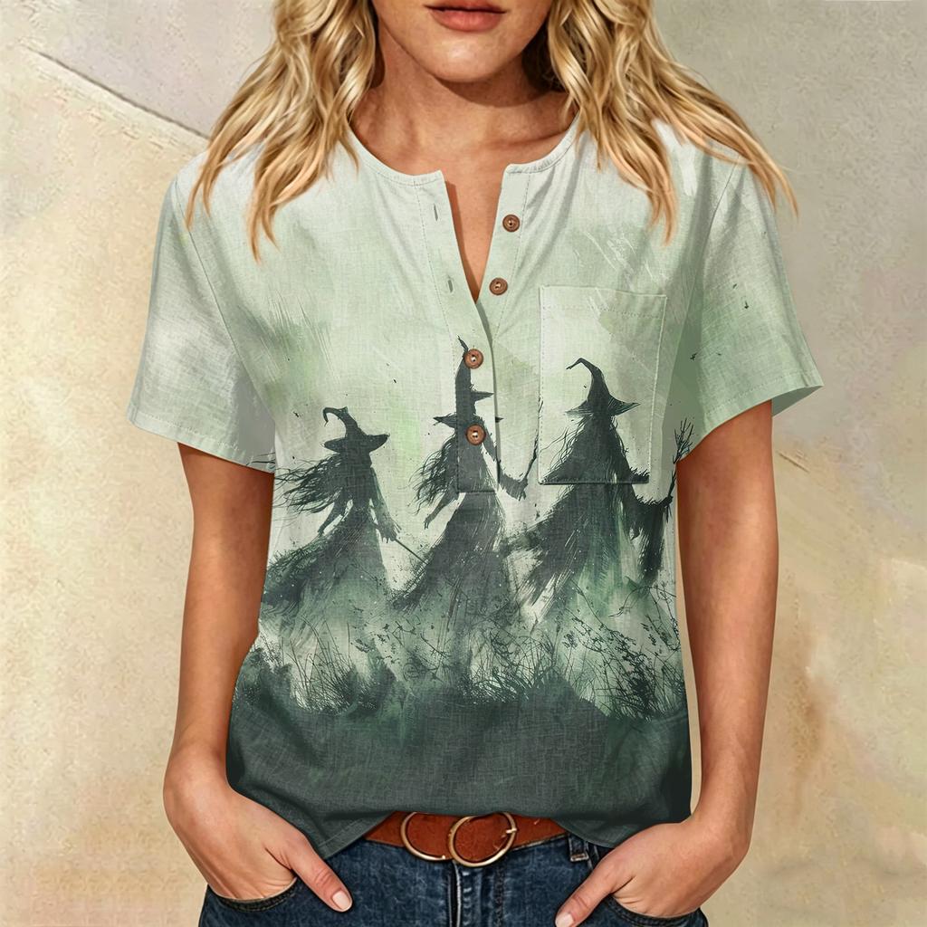 Women Casual Short Sleeve Henley Shirt with Chest Pocket Halloween Themed Graphic Print Cotton Linen Blended Fabric Relaxed Fit