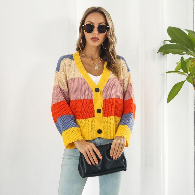 Cross-Border Fashion Fall and Winter New Product V-neck Color-Block Rainbow Cardigan Sweater Loose Short Coat Stripes Long Sleeves Knitwear