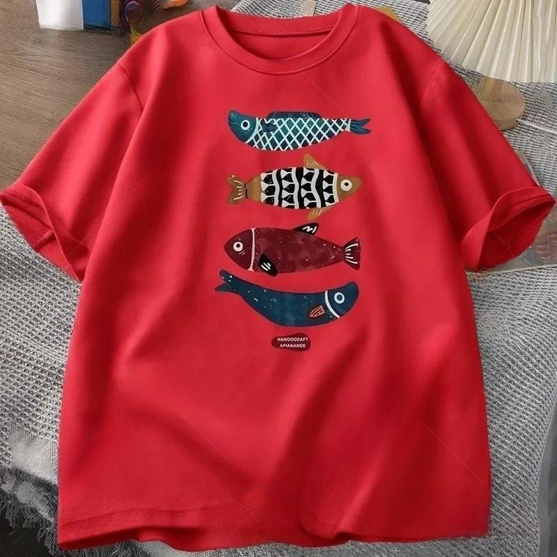 Mens Printed TShirt 100 Cotton Fish Pattern Versatile LooseFitting Comfortable TShirt