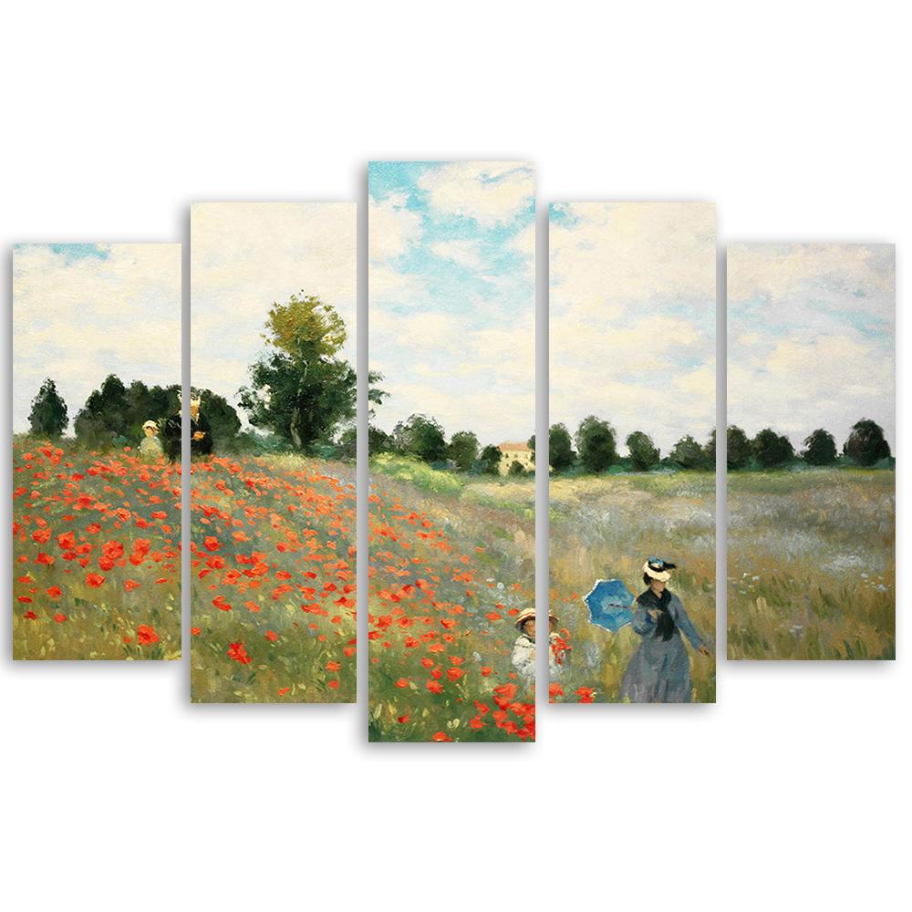 Five Piece Picture Canvas Print Field of Poppies Claude Monet