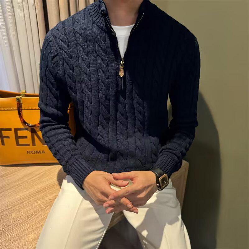 

Men s Cable Knit Wool Sweater with Zipper - American Half-High Collar, Pleated Long Sleeve, Light Business Stand Collar Knitwear 3XL темно-синього кольору