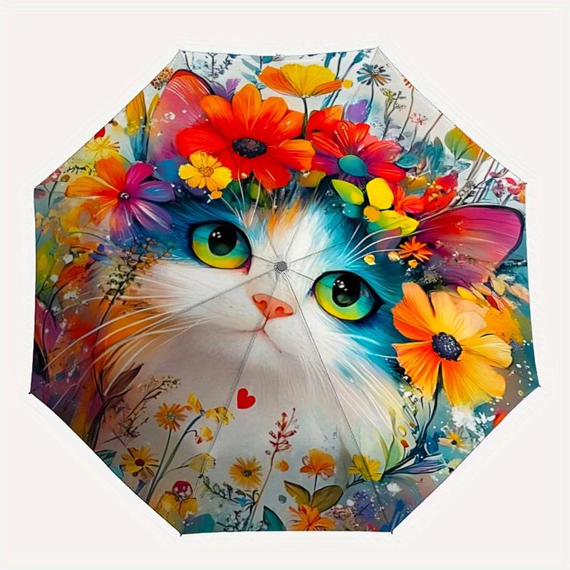 1pc Cat Artwork Ideas Design Fully Automatic Folding Portable Umbrella, 8 Iron Frames, Three-Fold Design, Suitable for All Seasons, Suitable for