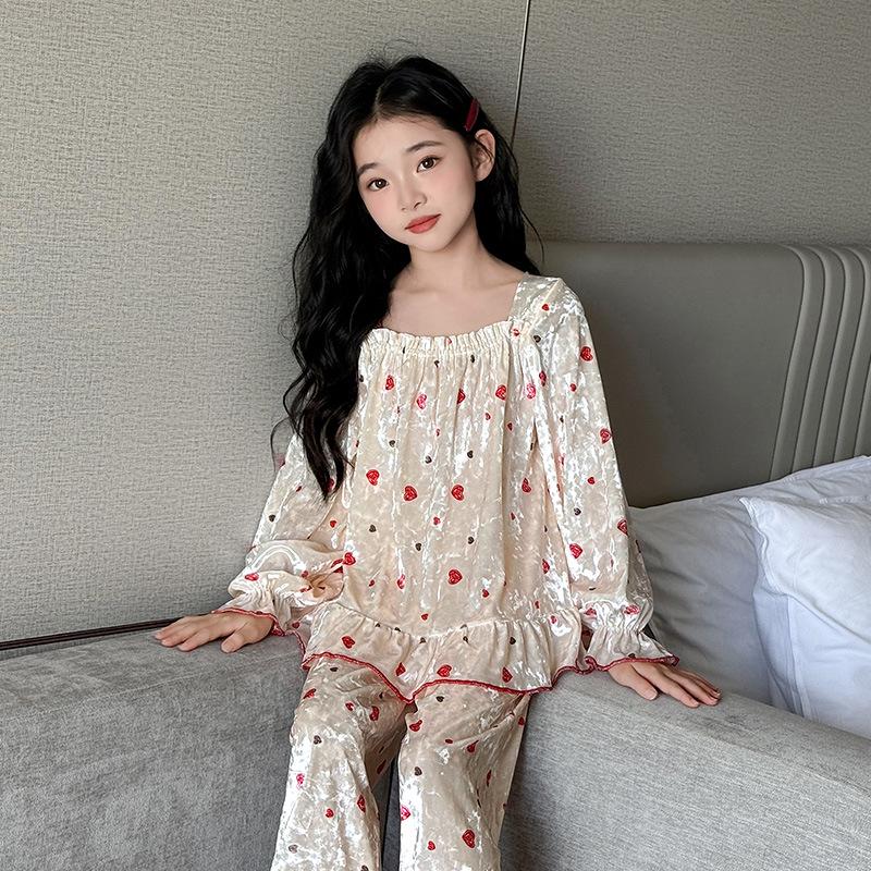 Czarny Piżamowy Zestaw z Złotego Weluru w Kwiaty dla Dziewczynek - Nowość Wiosna/Jesień 2025