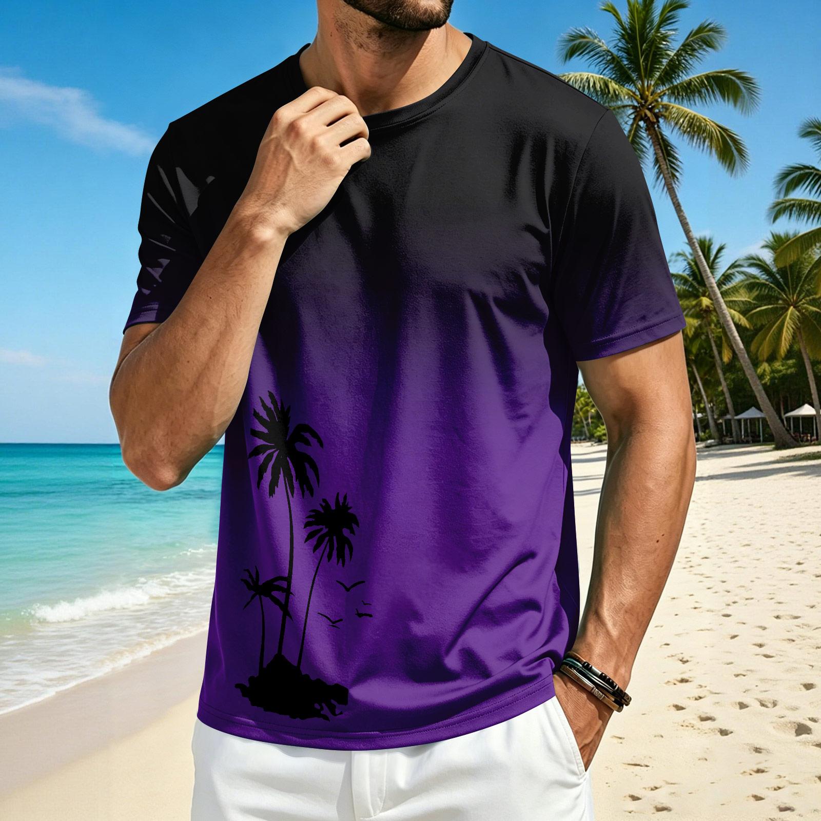 

Men’s Crew Neck Short Sleeve T Shirt with Gradient Tree and Seagull Print Casual Fit Soft Fabric Top XL