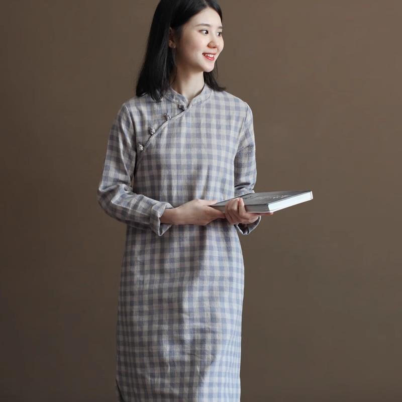 

2025 осень новый ретро-окрашенный хлопок и лен клетчатое платье китайское улучшенное ципао А-силуэтное платье, женское M