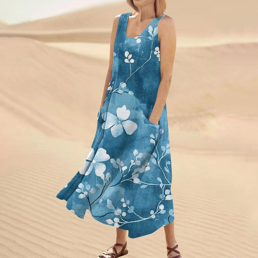 Robe d'été décontractée pour femmes, imprimé floral, sans manches, col rond, poches
