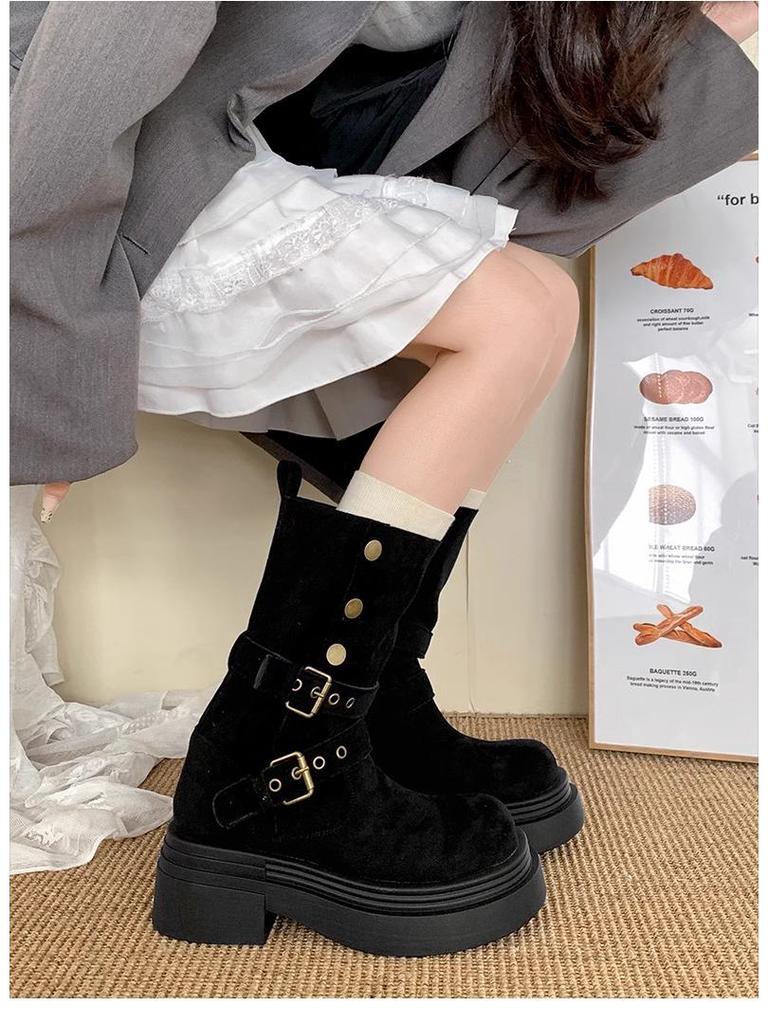Women's Khaki Ankle Boots with Thick Sole, Chunky Heel, Elastic Slimming Fit, and Two-Way Wear for Spring