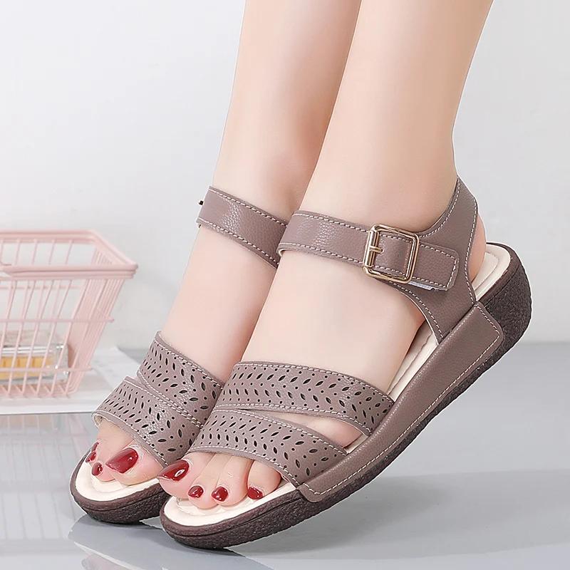 Ladies Non Slip Lightweight Platform Sandalias Mujer Casual Summer Shoe Women Wedge Sandals Fashion Hollow Cowhide Beach Sandals