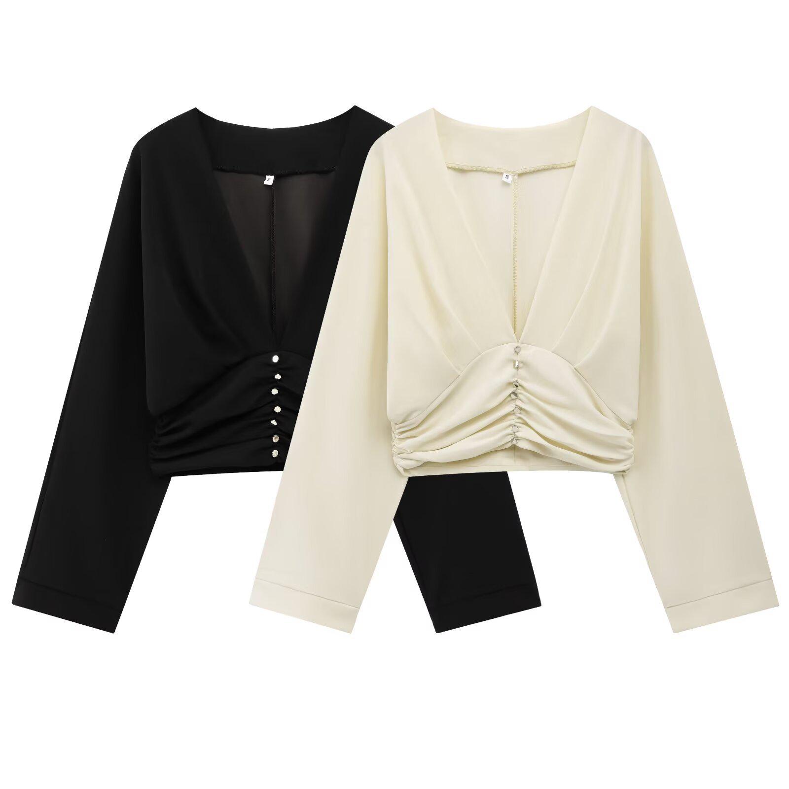 

2025 Spring Women s European Style V-Neck Pleated Long Sleeve Top L