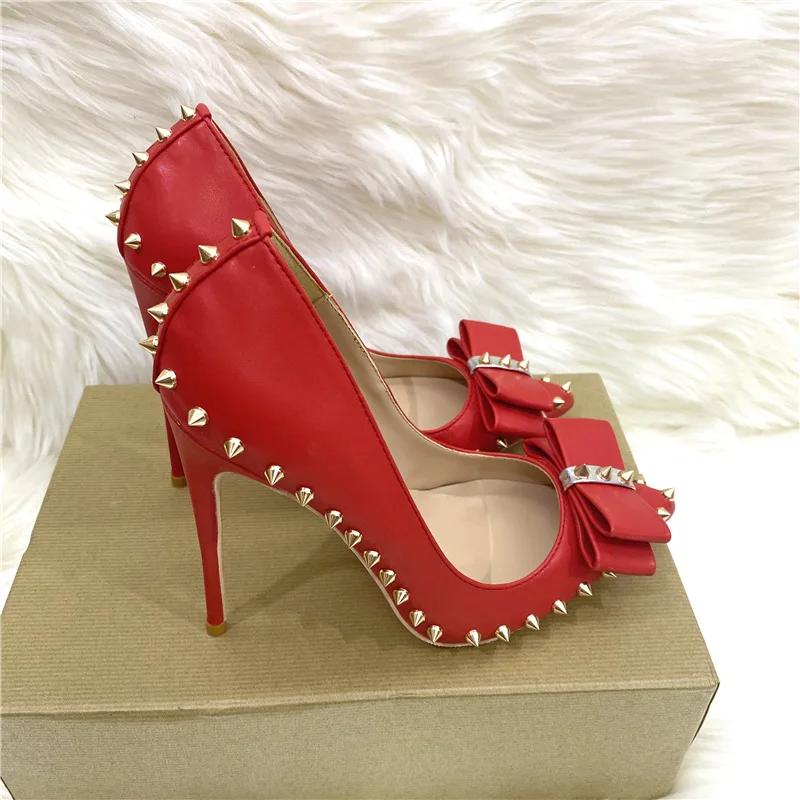 

Красные матовые женские туфли с острым носком на высоком каблуке с бантом, сексуальные шипы, заклепки, туфли-лодочки на шпильке 8 см, 10 см, 12 см, цвета на заказ 34-46 38