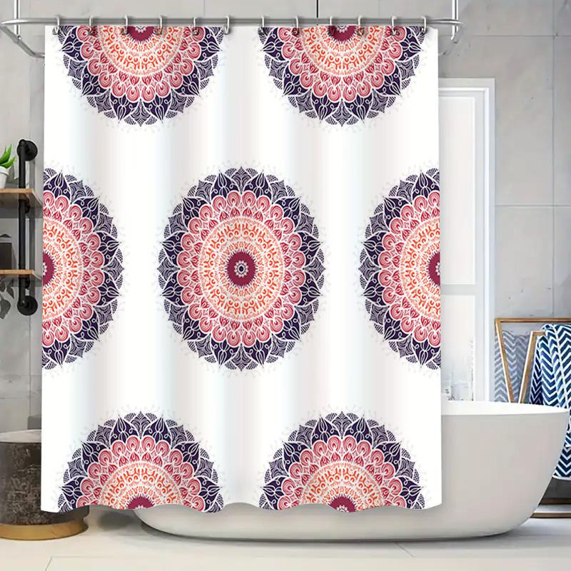 

6-Piece Mandala Shower Curtain Set Boho Decor Bath Curtains With Rod And Rings (Pink Navy Blue) [B201] W60H190(CM)-1 Pcs