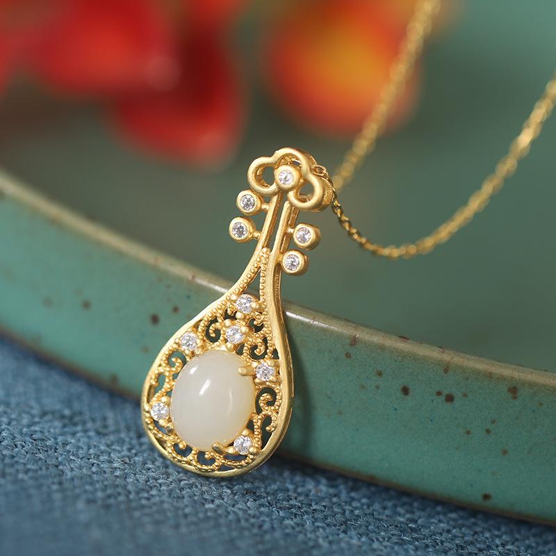 S925Silver Southern Red Agate Classical Pipa Design Personalized Vintage Sweater Chain Women's Pendant Amulet Auspicious Hotan Jade