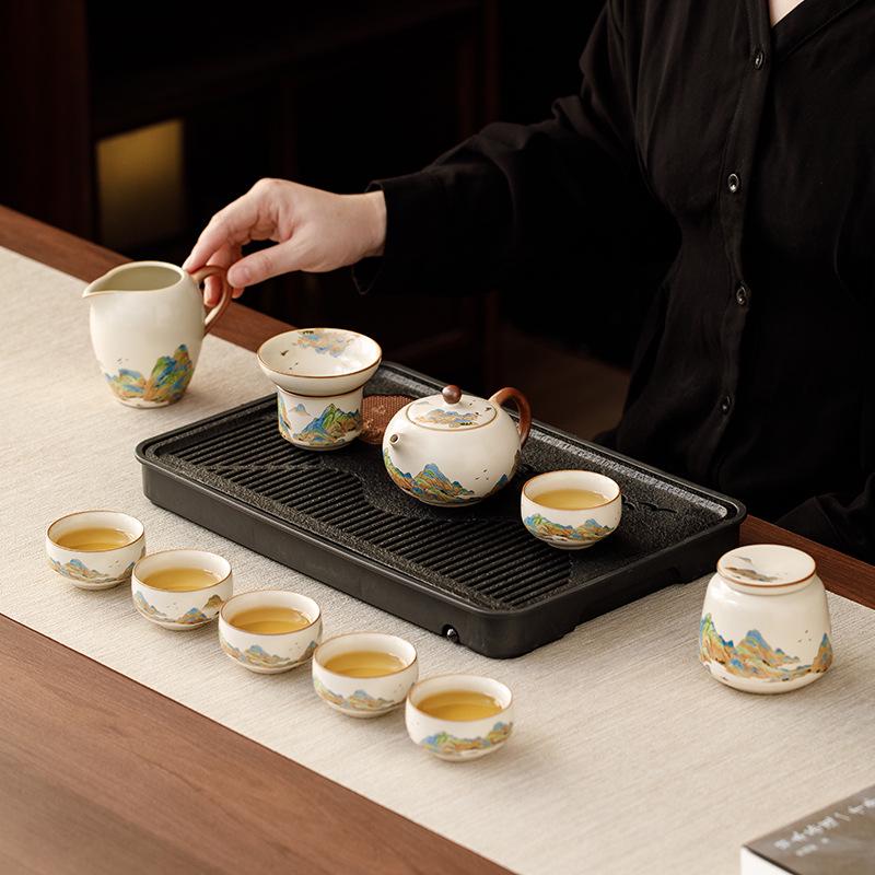 Ru Kiln Light Luxury Tea Set: 'A Thousand Li of Rivers and Mountains' - Complete Teapot and Teacups Gift Box for Elders