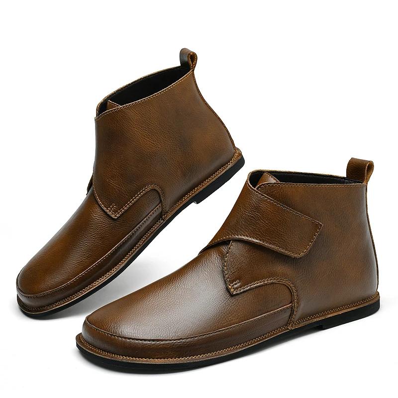 Fashion Handmade Business High Top Leather Shoe British Style Man Ankle Boots Versatile Casual Botas Winter Plush Warm Men Chelsea Boots