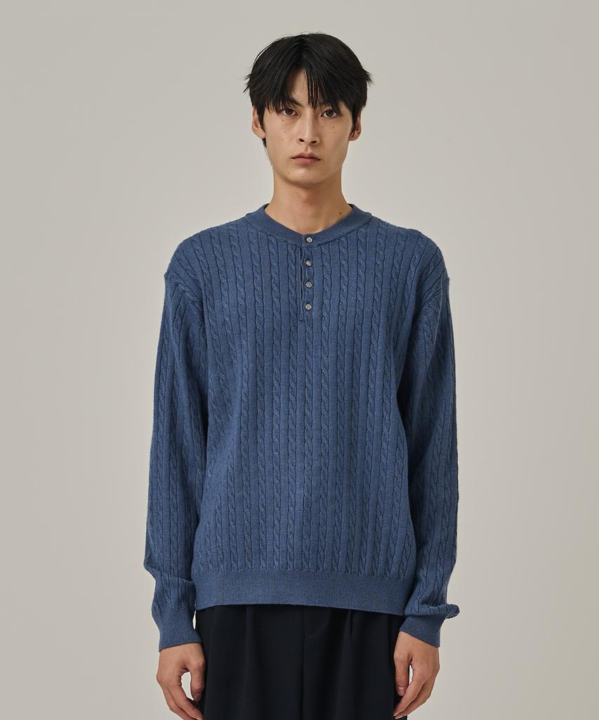ANALOG MOOD Washable Cable Henley Neck Knit T-Shirt (Blue)