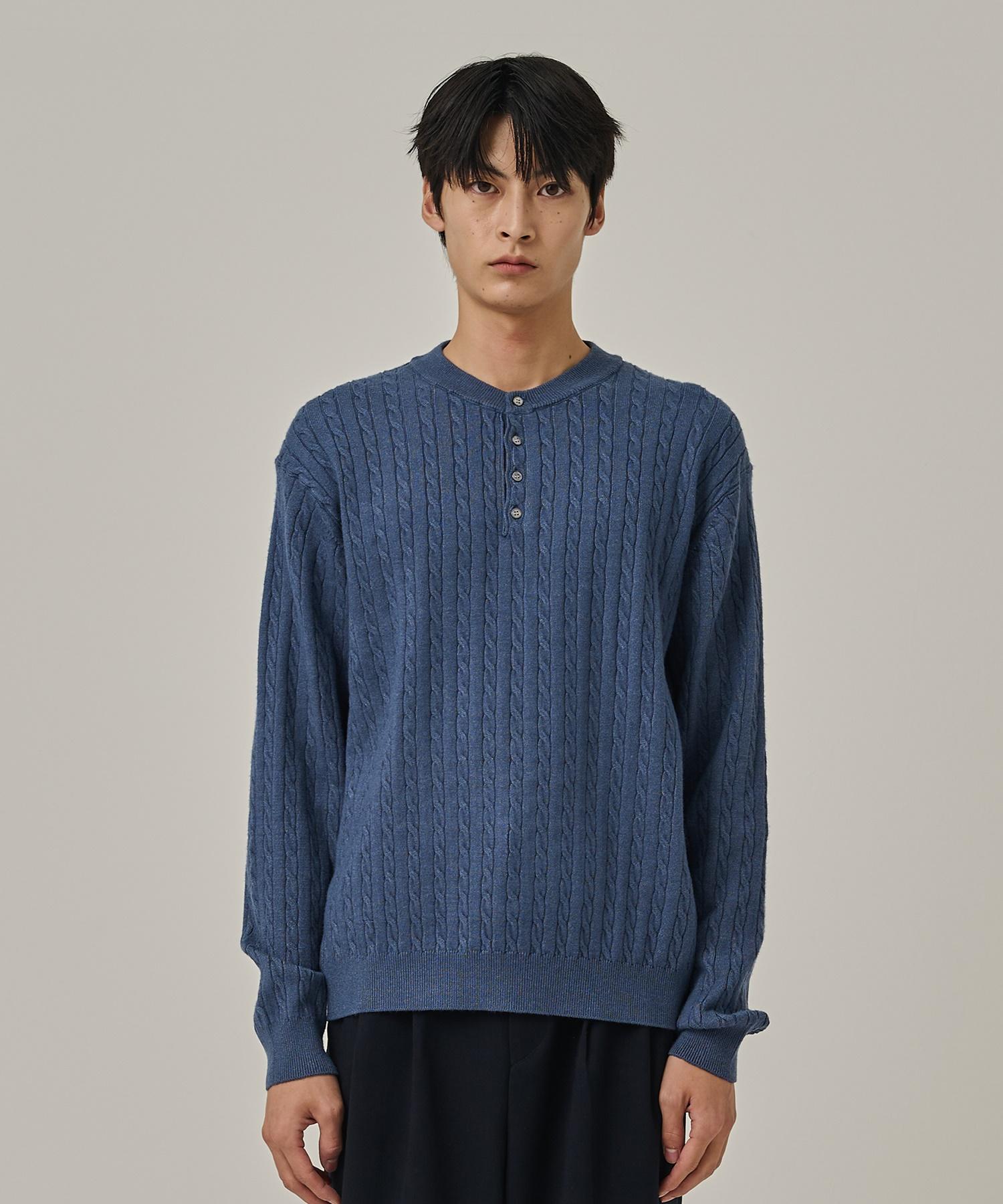 Analog Mood Washable Cable Henley Neck Knit T-Shirt (Blue) Free
