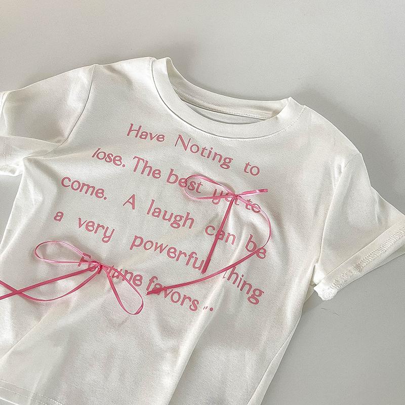 

Эстетическая укороченная футболка с милым буквенным принтом, женская летняя элегантная элегантная облегающая одежда с бантом, корейские модные топы с круглым вырезом, уличная одежда S белый