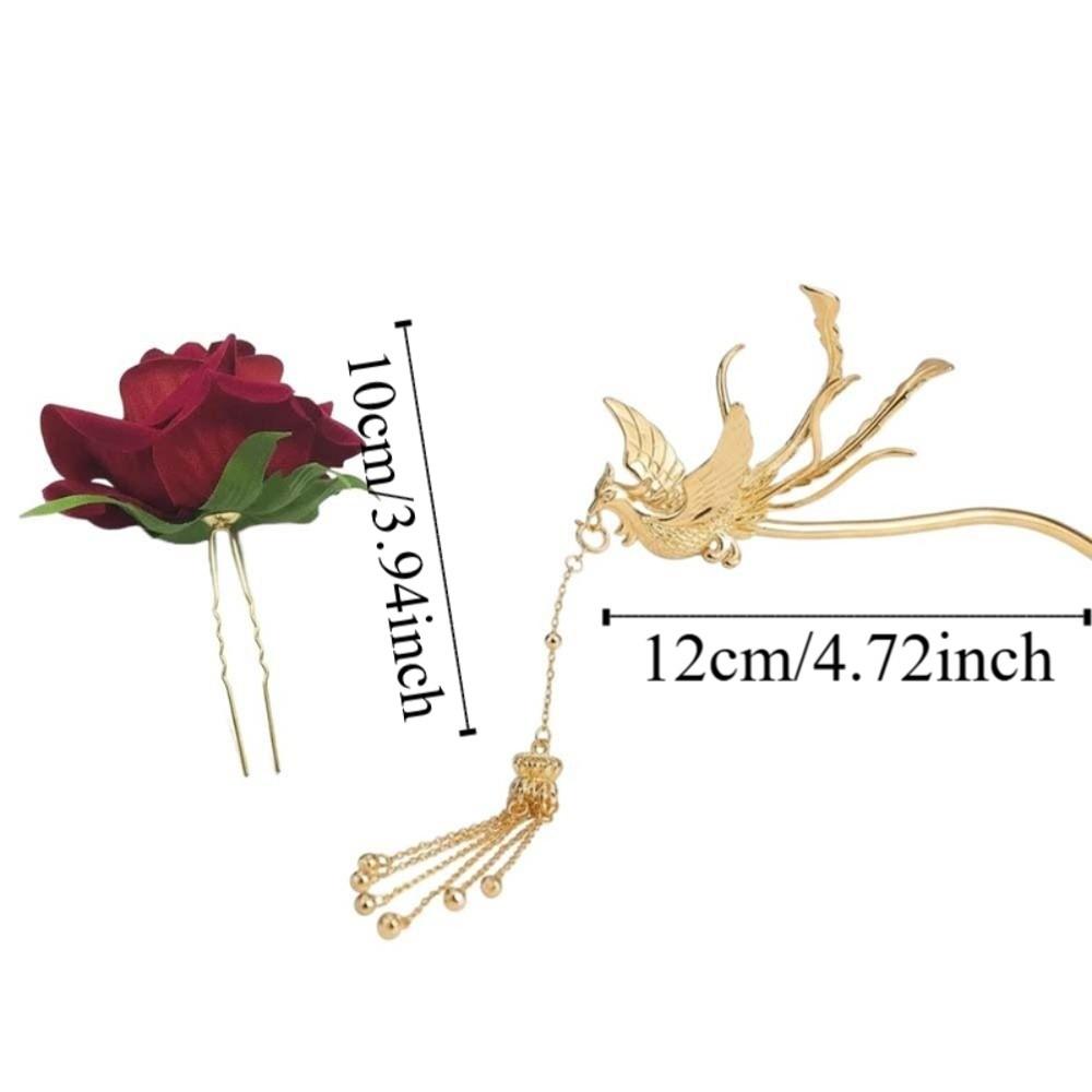 Hair Accessories Sweet Rose Hair Forks Cloth Chinese Style Golden Phoenix Hairpin Alloy Dark Red Bride Flower Side Clips Wedding