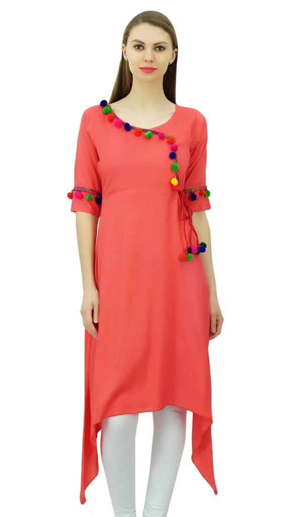 Phagun Angrakha Style Rayon Womens Tunic Kurta Pom-Pom Designer Kurti Top Indian