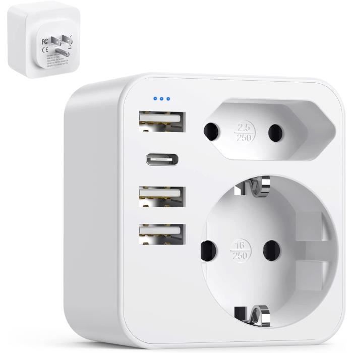 Adaptateur - Septseven - 6 en 1 - 3 USB + 1 Type C - Compatible USA Canada - Compact