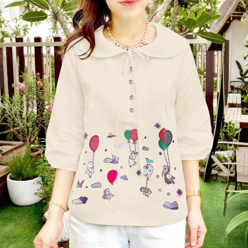 ZANZEA Women Casual Doll Collar Loose 3/4 Sleeve Print Blouse