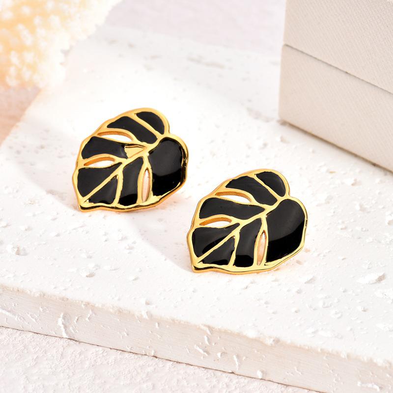 Exaggerated Geometric Leaf Earrings - Stainless Steel with Colorful Drop Oil Design чёрный