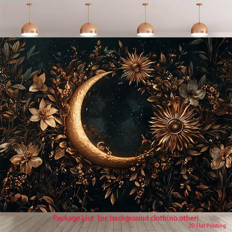 2D Dark Academia Tapestry - Golden Crescent Moon, Botanical Florals & Night Sky Wall Art 47.2x31.5inch/120*80cm