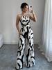 Women's 2025 Plus Size Black & White Milk Pattern Wide-leg Tie-up Halter Jumpsuit