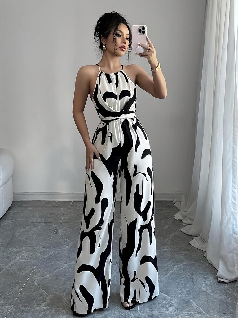Women's 2025 Plus Size Black & White Milk Pattern Wide-leg Tie-up Halter Jumpsuit