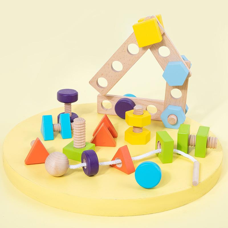 Screw Through the Rope 2-in-1 Children's Color Shape Cognitive Pairing Creative Variety Assembly Nut Building Block Combination