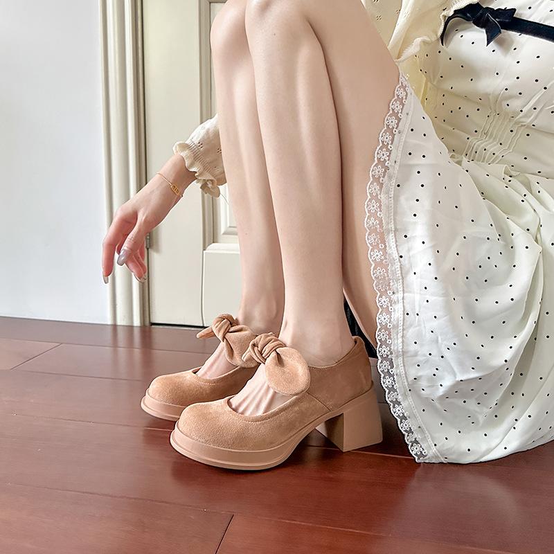 Suede college wind waterproof table Mary Jane shoes round head soft sole high heel bow suede thick heel light mouth single shoes women