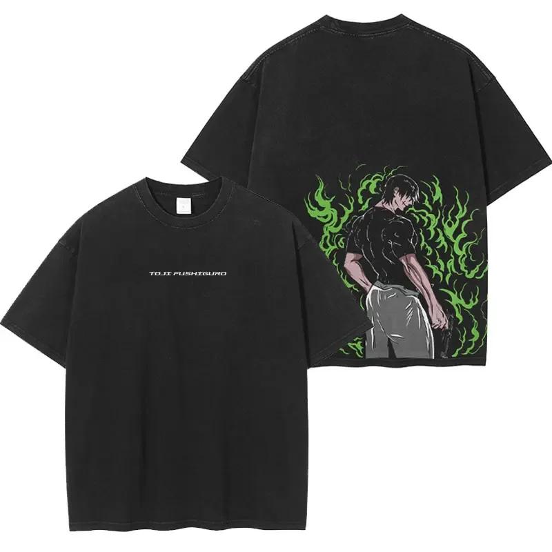 Japanese anime 100% Cotton T-shirt Anime J-Jujutsu K-Kaisen Vintage wash T-shirt Loose plus size short sleeve T-shirt