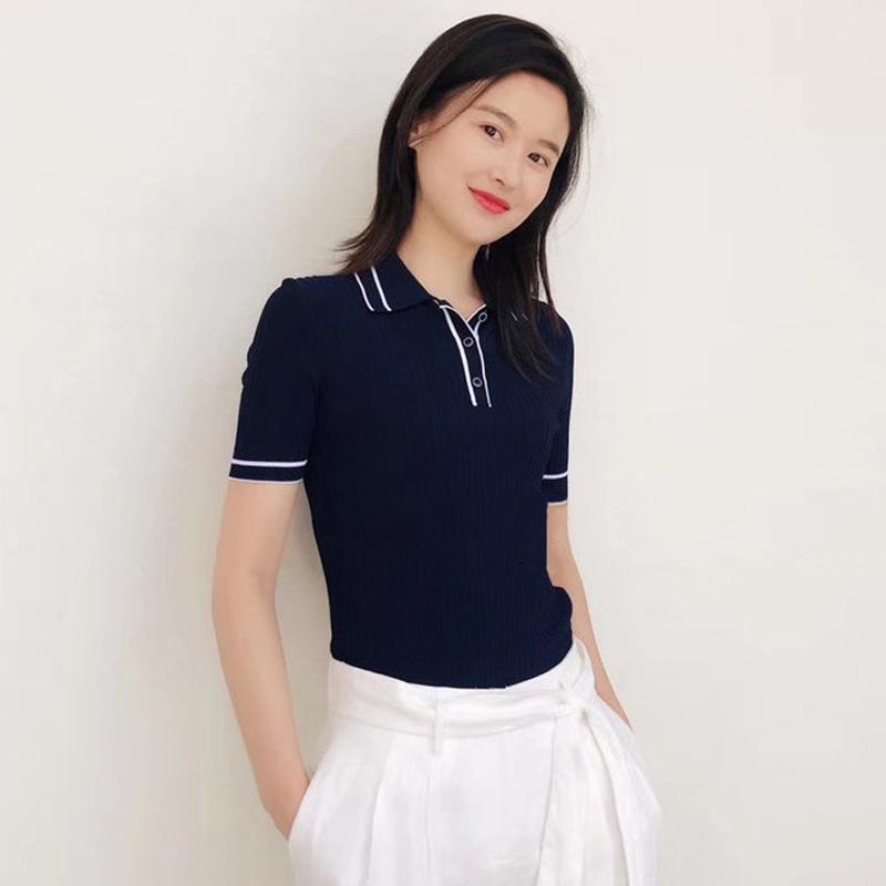 Gejia 2024 Spring/Summer Women's Polo Collar Color Block Short Sleeve Ice Silk Slim Fit T-Shirt