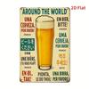 2D Flat, Vintage-Style Metal Beer Wall Art Sign - 8"x12" Global Beer Varieties Decor with Spanish, French, German & Japanese