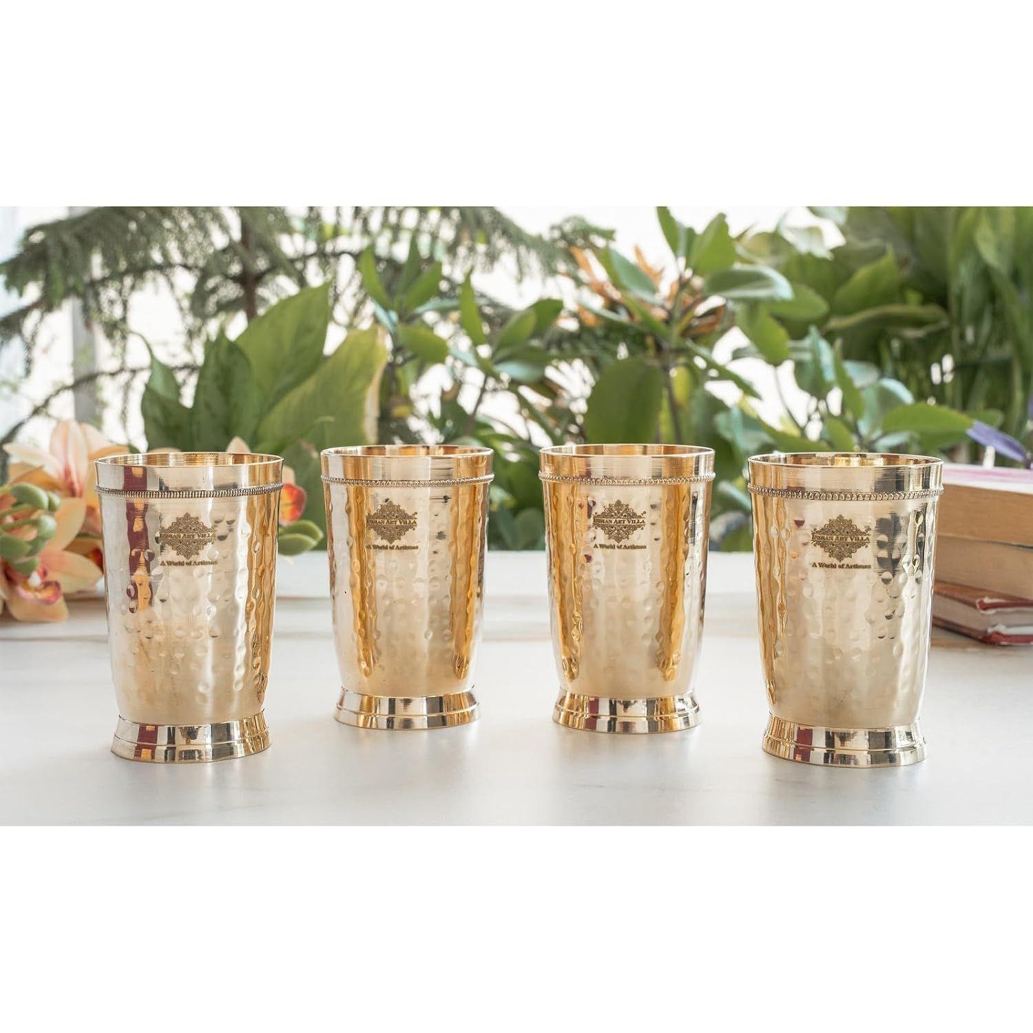 

Стакан из чистой латуни с чеканным бисерным дизайном, для питья, подачи воды, йоги и аюрведы, объем-270 мл, набор из 4 штук