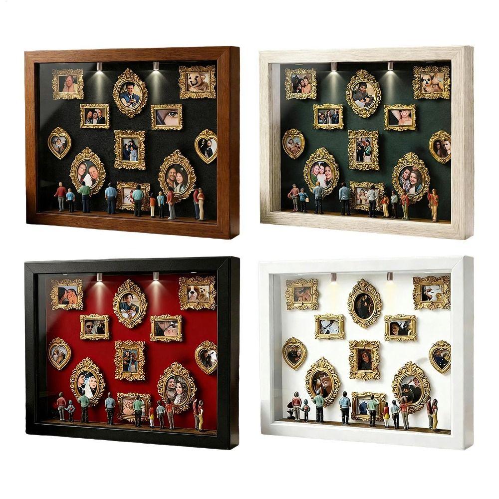Światło LED DIY Mini Muzeum Pudełko z Sylwetką Miniaturowa Ramka na Zdjęcia Biurkowa 8 Mini Figurek Zestaw do Prezentacji Wspomnień Złote Ramki Ramka na Zdjęcia