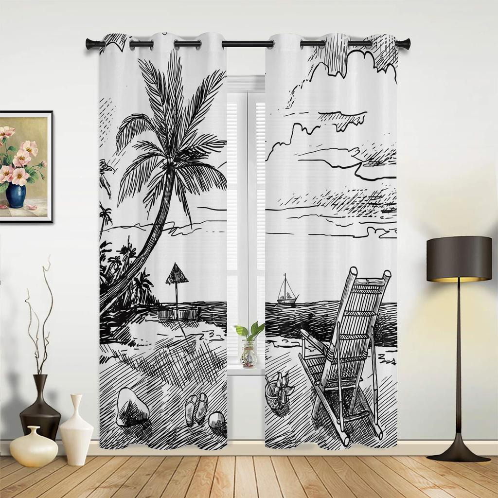 Gardiner med strandsolnedgång och havslandskap för sovrum, vardagsrum, draperier, kök, barnrum, fönstergardin, modern heminredning