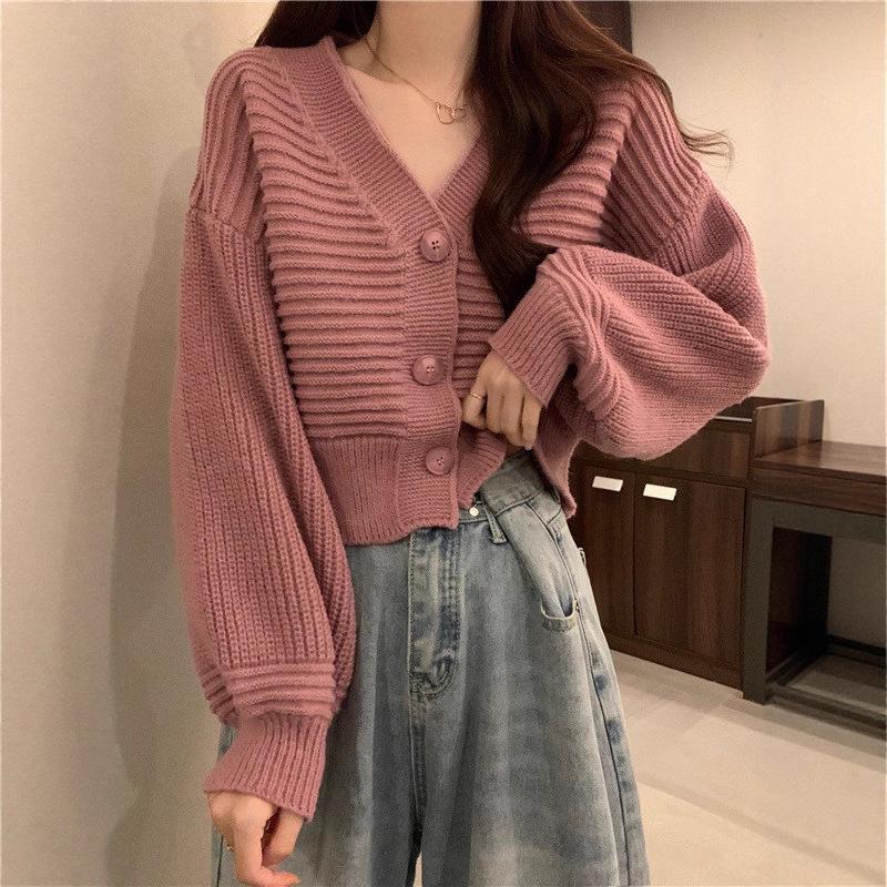 V-neck Knitted Cardigan Women's Autumn and Winter New Loose Lazy Sweater Jacket Chic Small Top Wholesale