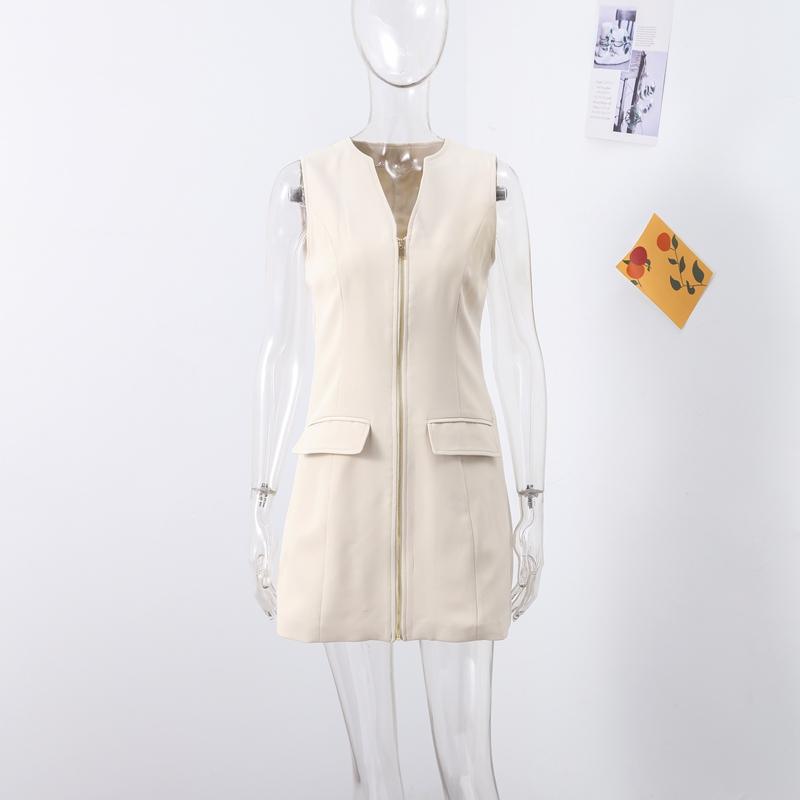 Elegant Sleeveless V-neck Dress Women's Slim Khaki Zippers Short Dresses Streetwear