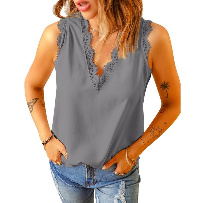 Women's V Neck Sleeveless Tank Top Loose Lace Trim Solid Color Casual Camisole
