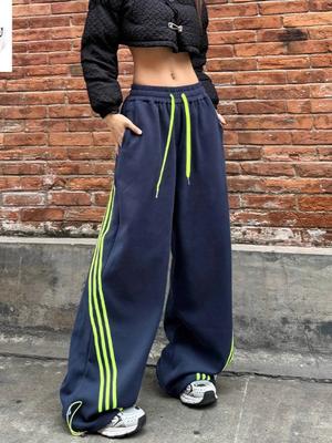 Street Three-bar Striped Sweatpants American Wide-leg Pants Plus Velvet Loose Sweatpants Joker Casual