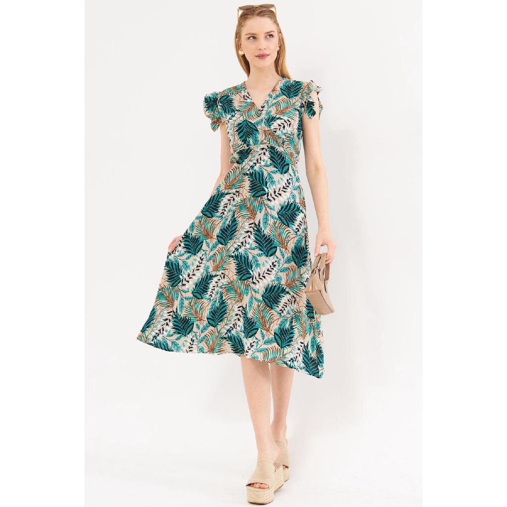 Vestido midi beige para mujer, cuello cruzado, volantes en los hombros, cintura elástica, largo midi, mangas 24y001020